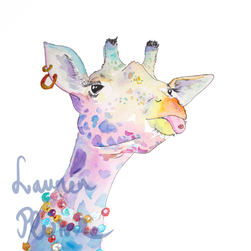 Portrait à l'aquarelle d'une girafe aux couleurs de l'arc-en-ciel portant des bijoux